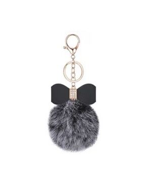 Black & Gray Faux Fur Pom Pom Keychain with Bow